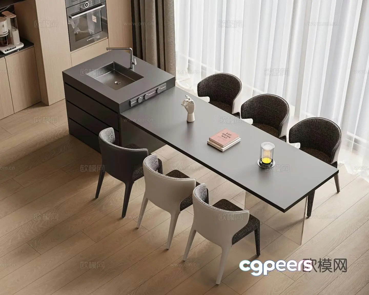 Island table dining table and chairs 3d model