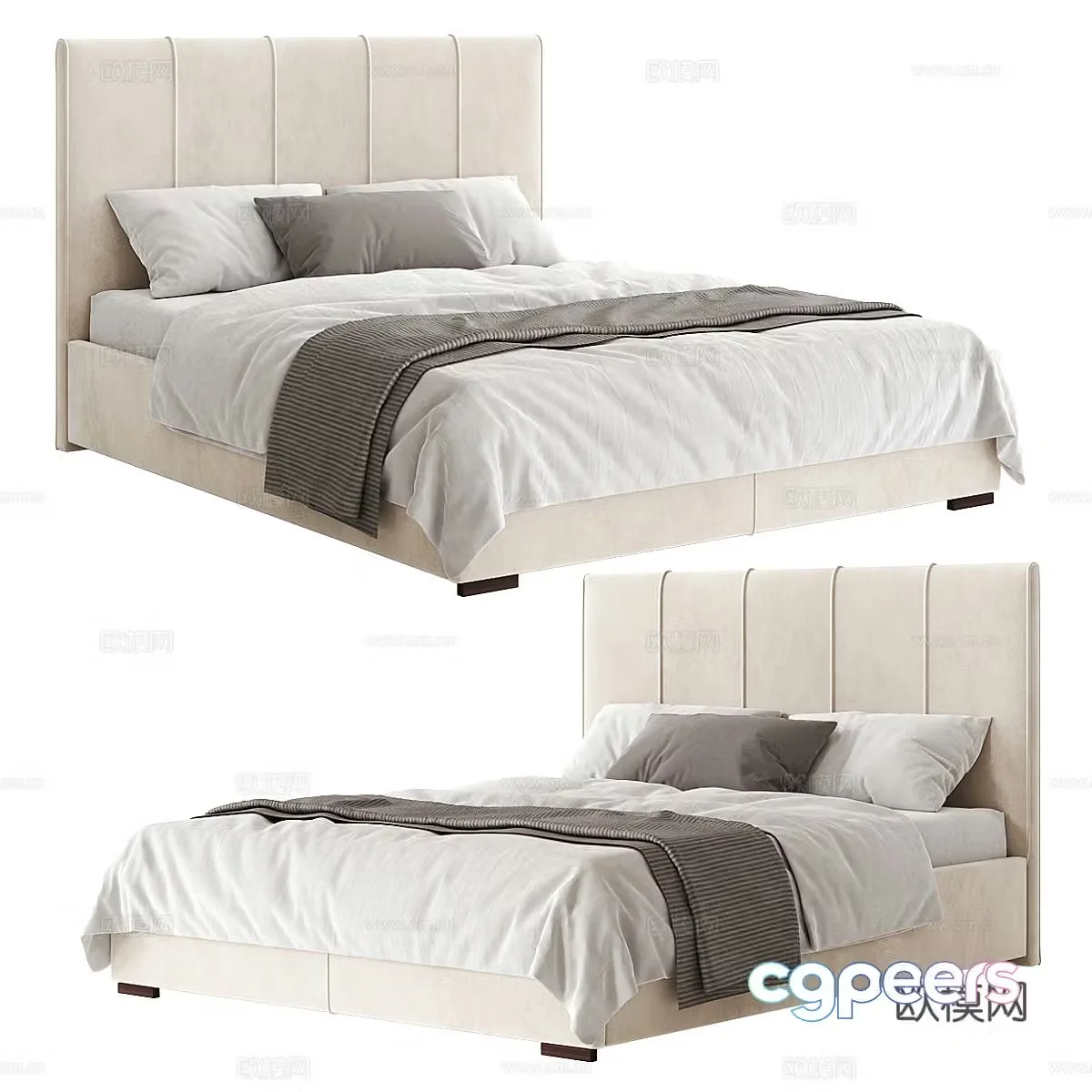 Modern cream style fabric double bed 3d model