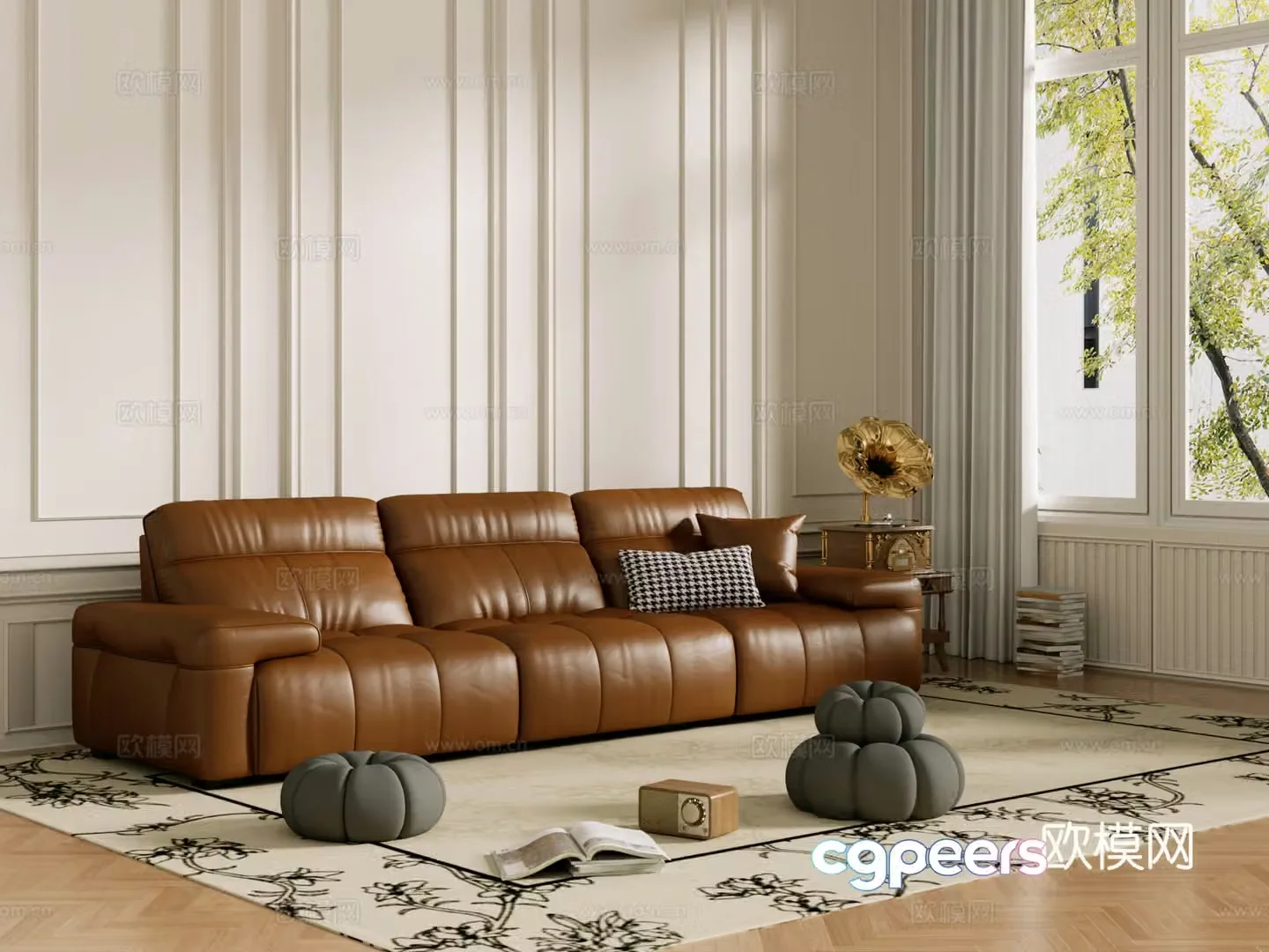 Middle-aged sofa combination coffee table carpet multi-person sofa 3D model