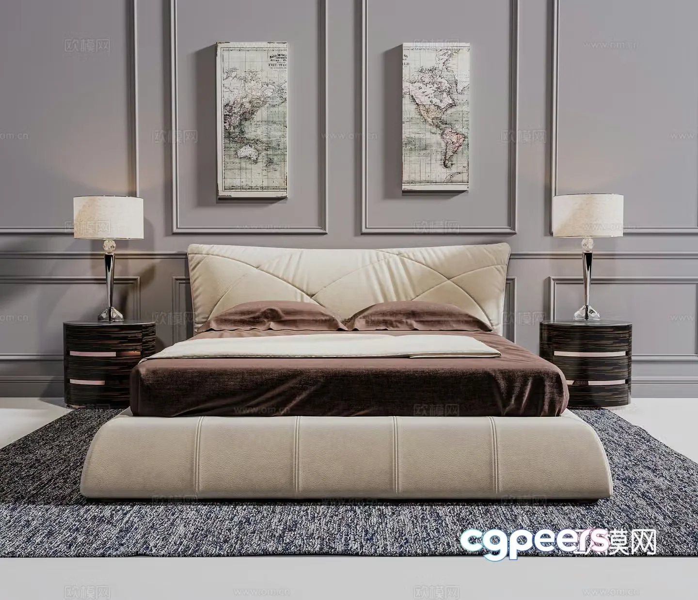 Simple European style double bed double bed nightstand carpet hanging painting 3D model