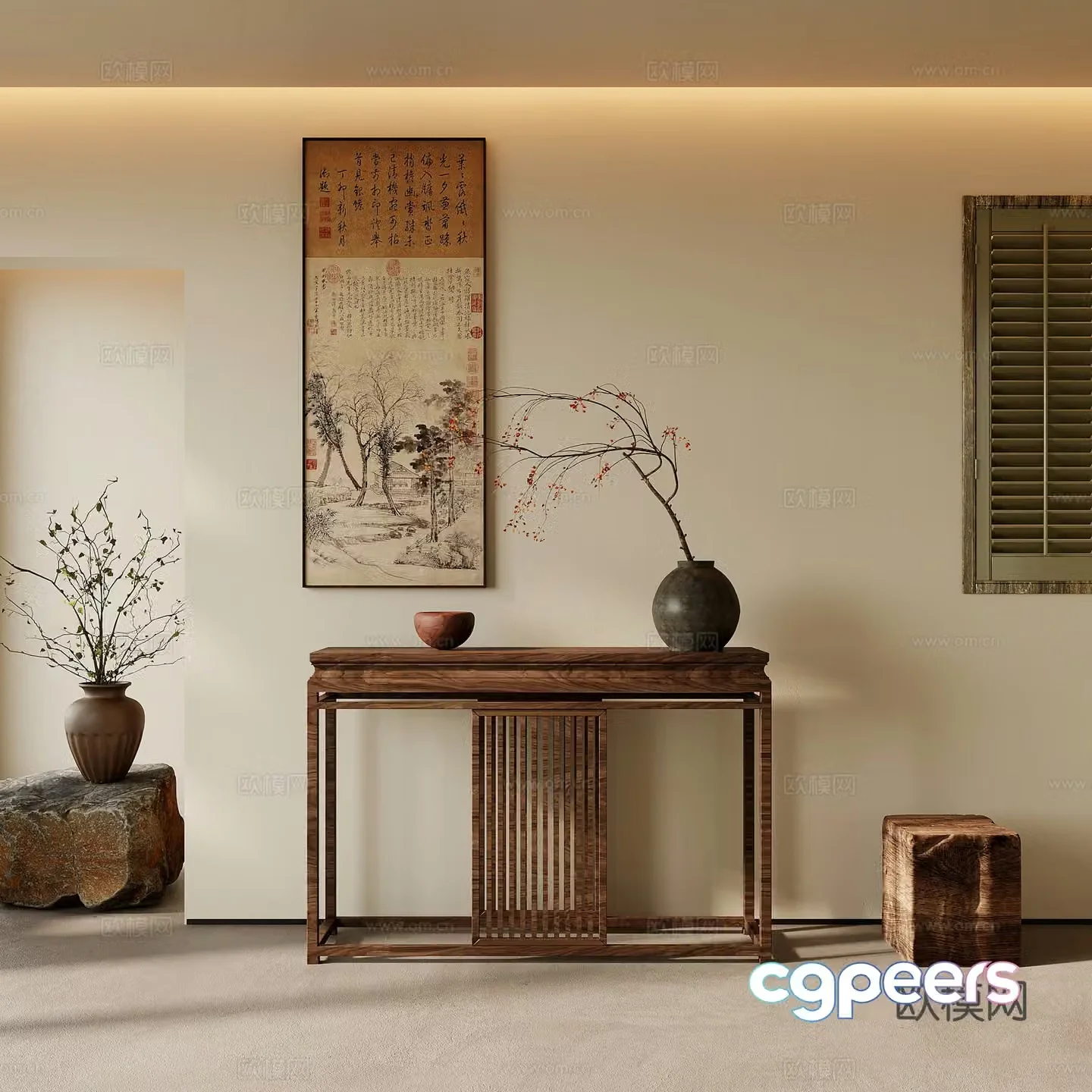 11 porch cabinet new Chinese style porch cabinet end view cabinet bonsai pot plant 3D model