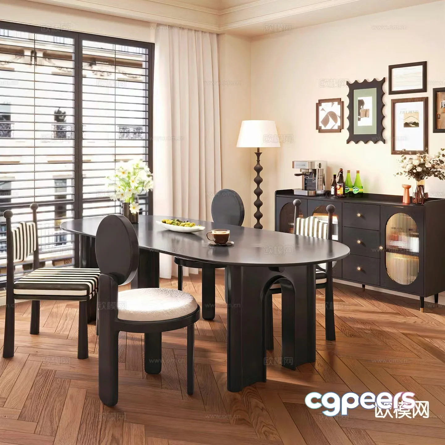 French dining table and chairs oval dining table 3d model