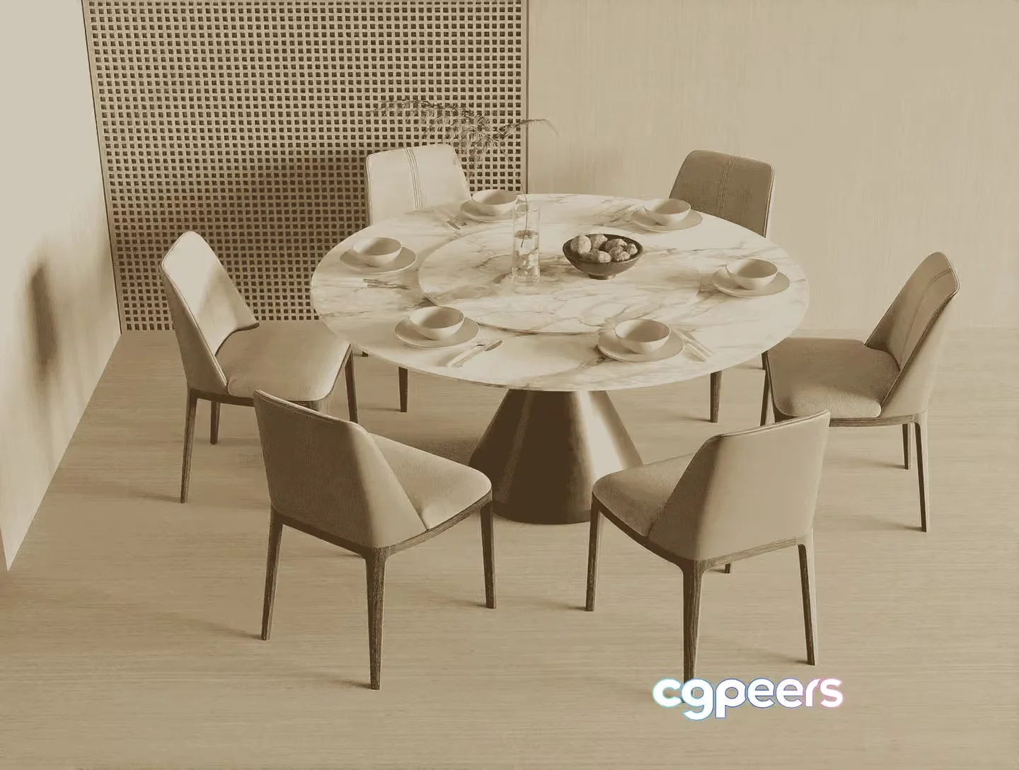 Round Dining Table With Eight Chairs 3D Model – 10948 – VRAY Render