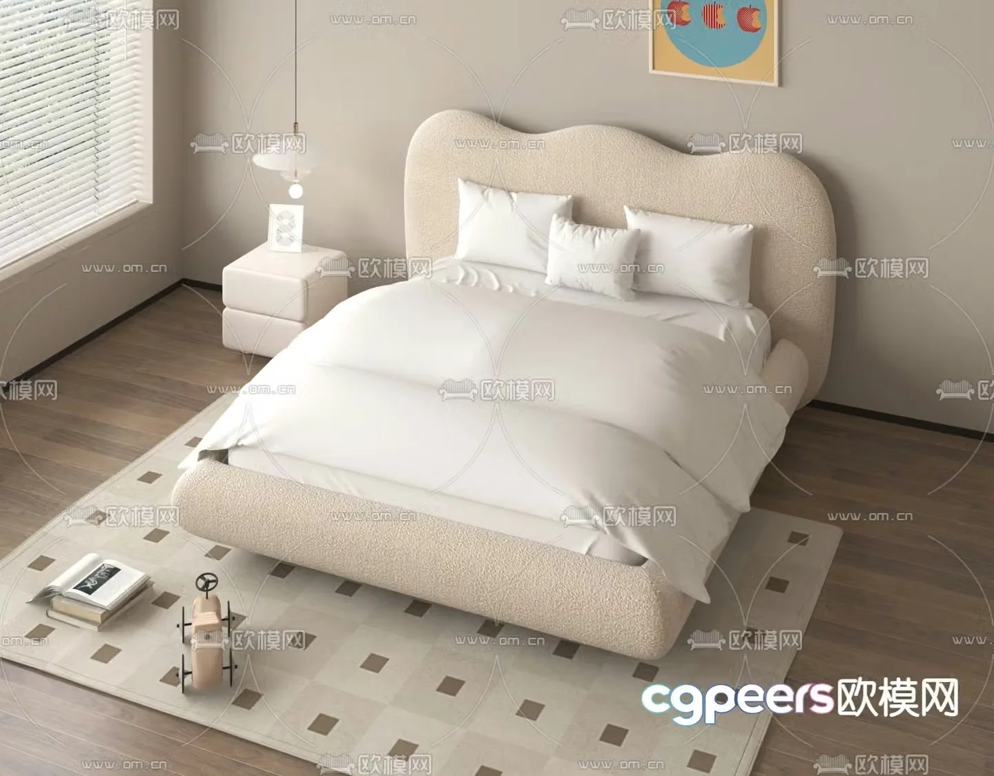 Cream style double bed 3d model