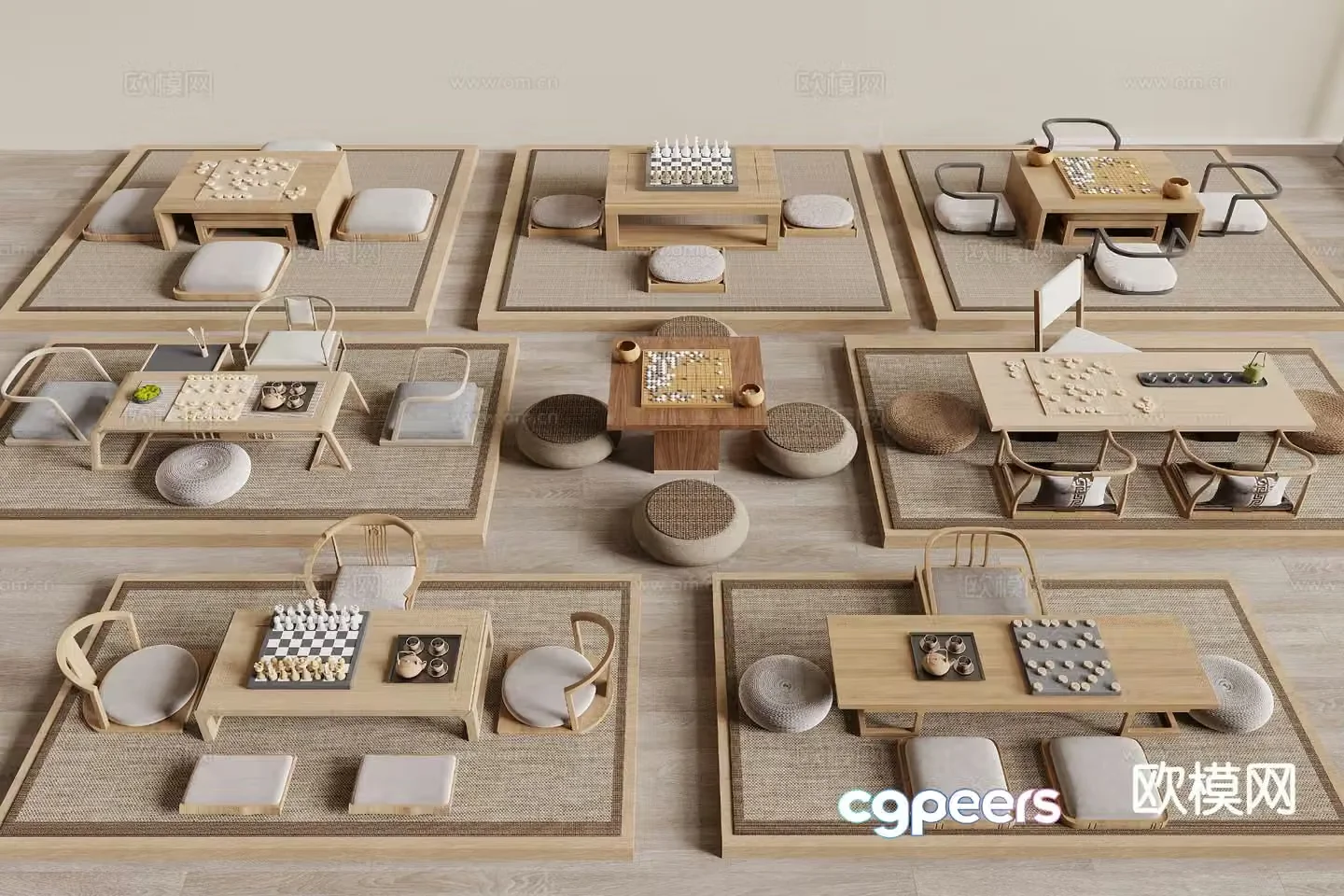 New Chinese style chess and card tables and chairs Tatami chess table 3D model