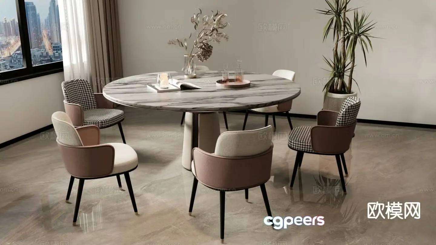 Light luxury dining table and chairs round dining table 3D model