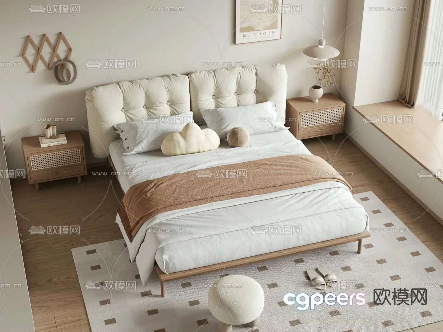 Cream style double bed 3d model