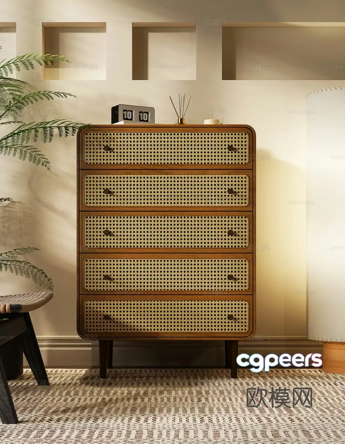 Middle-aged style chest of drawers rattan cabinet 3D model