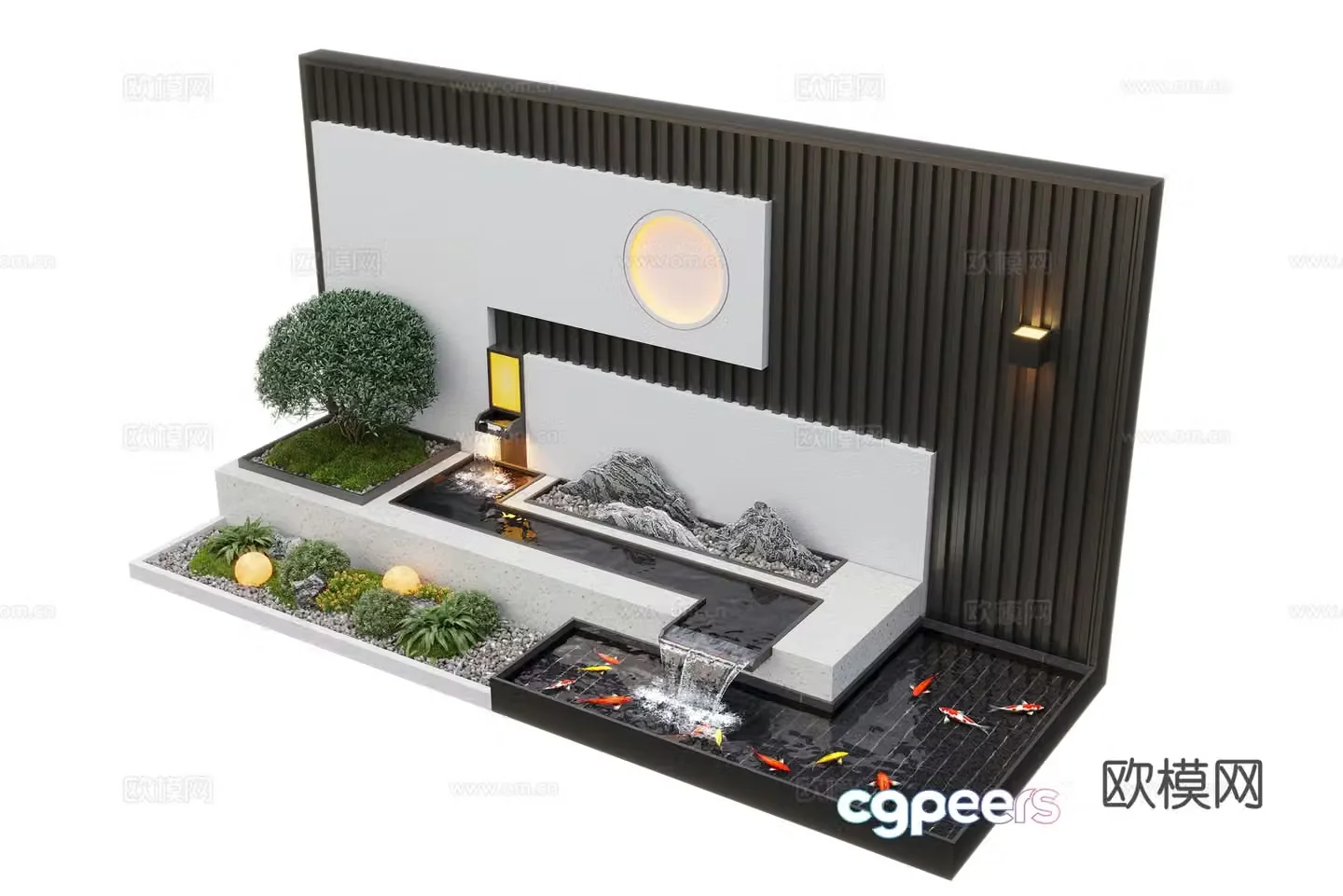 Modern courtyard waterscape waterscape wall stacked water landscape plants fish pond 3d model