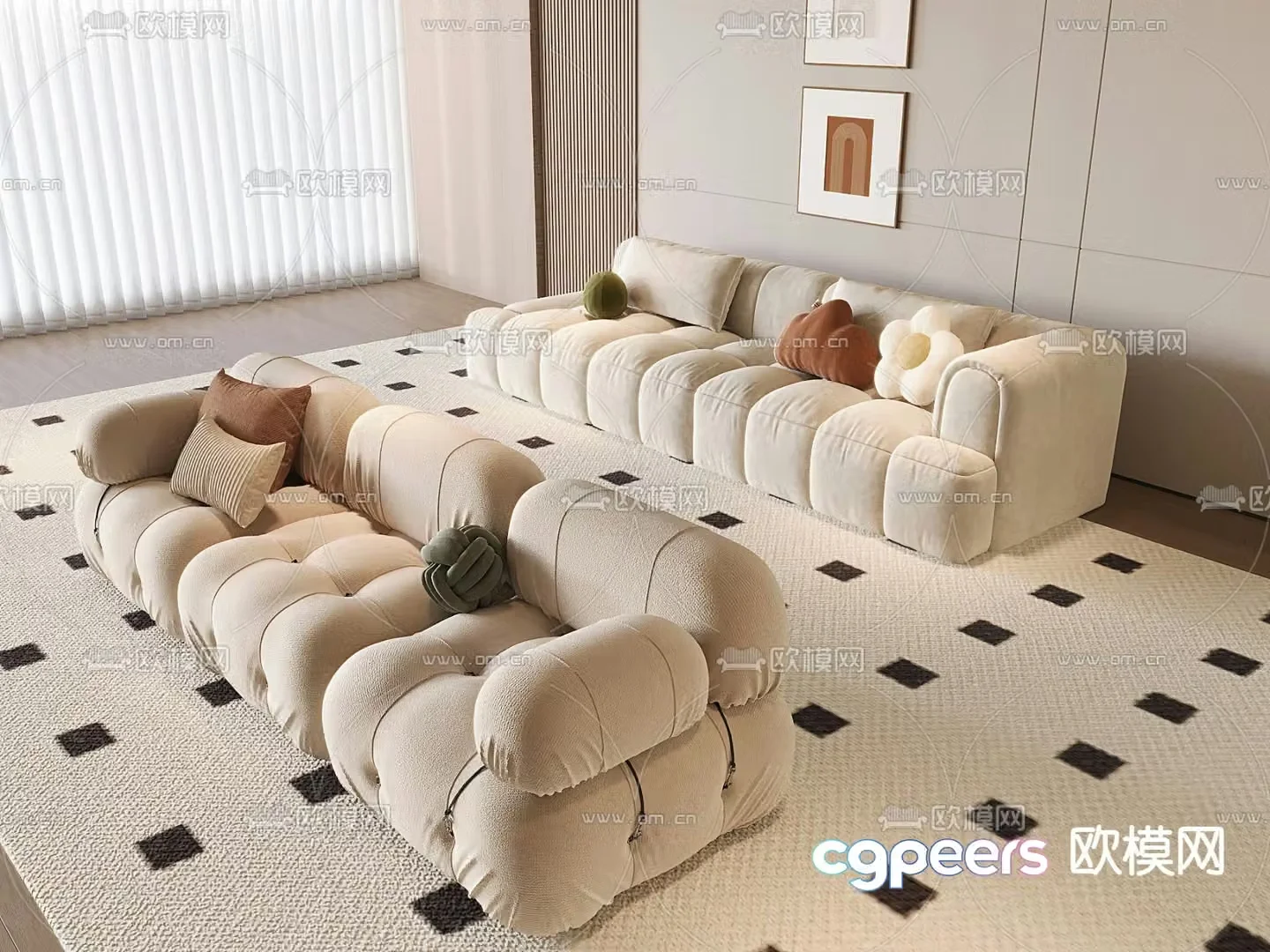 Cream style sofa three person sofa 3d model