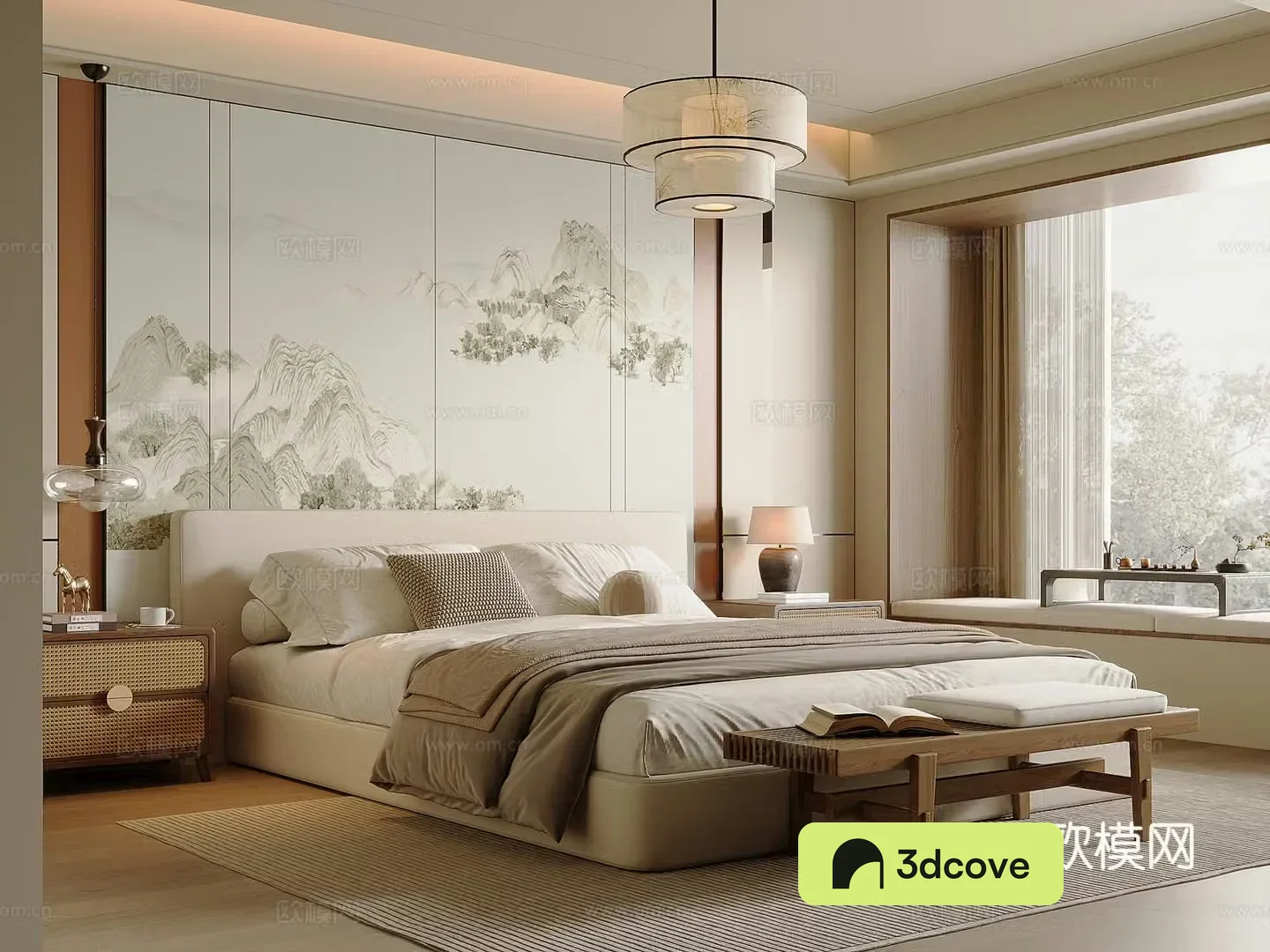 New Chinese style bedroom Song style fabric double bed nightstand bed end stool Chinese style chandelier