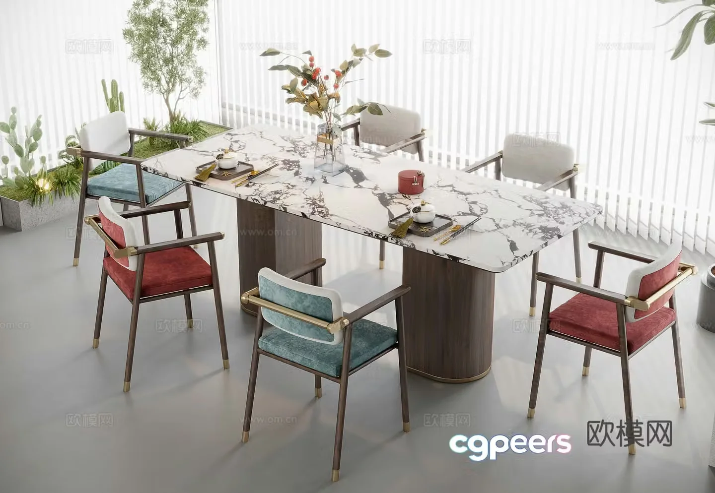 New Chinese style dining table and chairs marble dining table 3d model