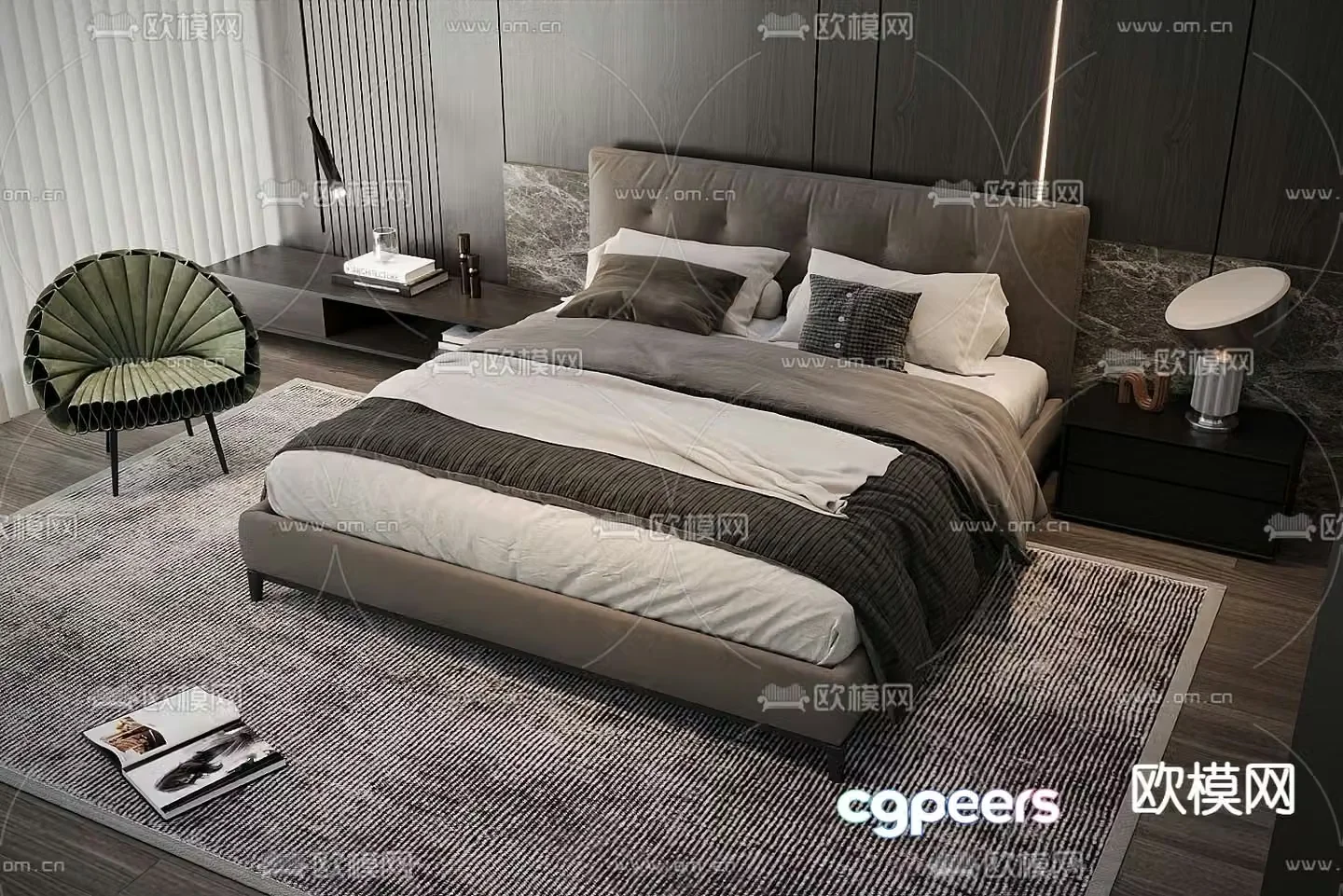 Modern double bed fabric bed 3d model