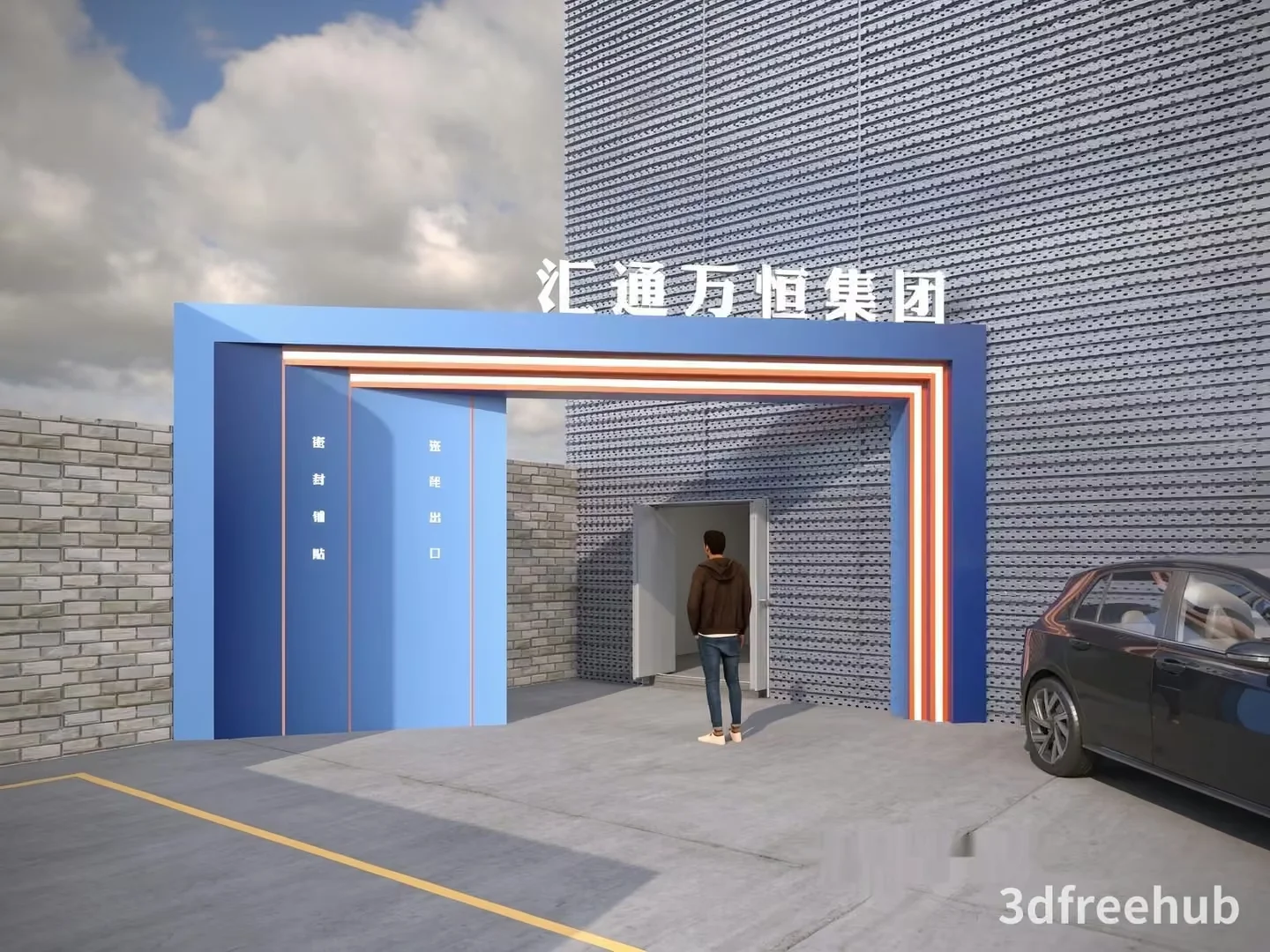 A Man Standing In Front Of A Building With A Car Parked Nearby 3D Model – 23318 – VRAY Render