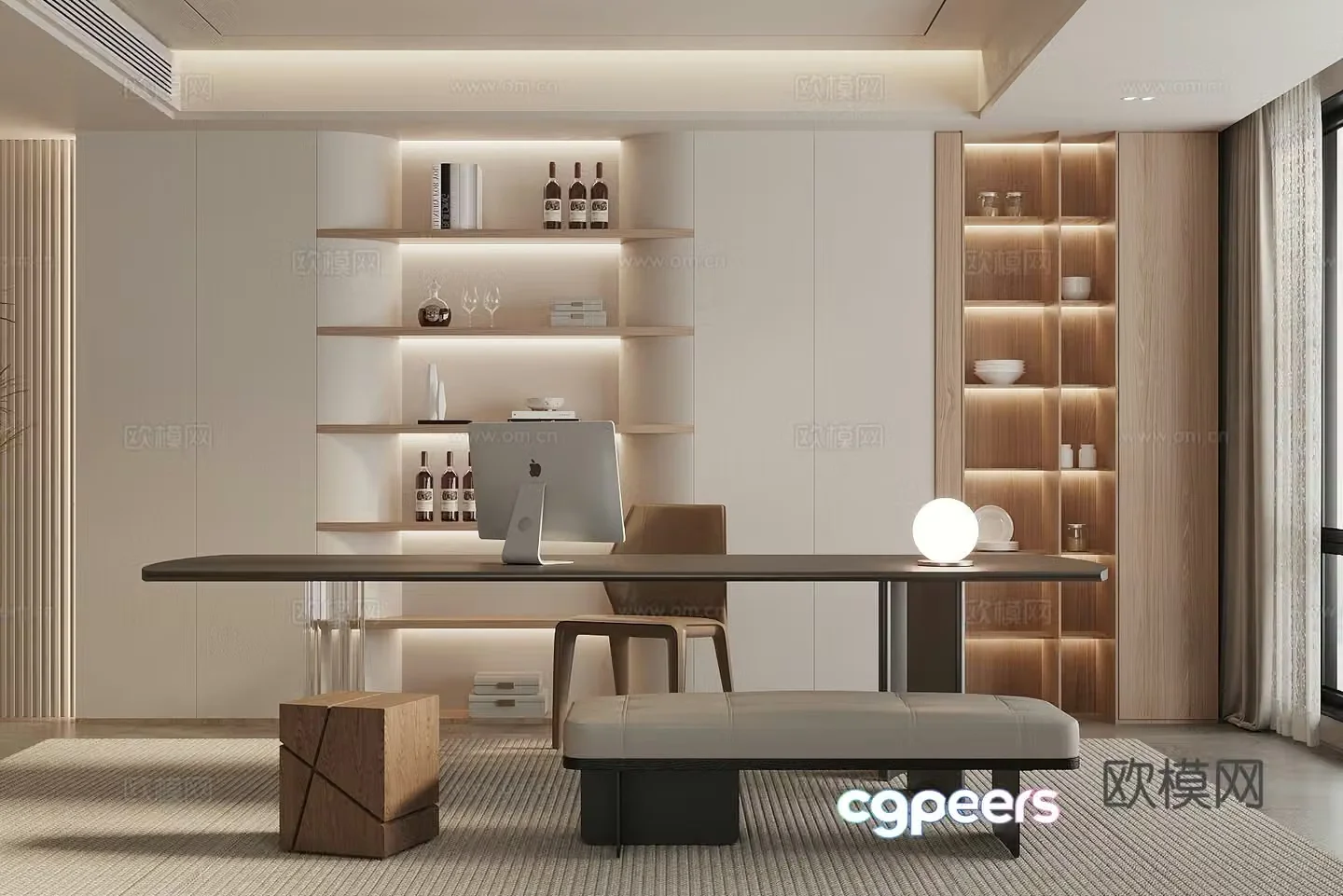 Modern study modern desk and chair cabinet wall cabinet bookcase desk ornament adult study 3D model
