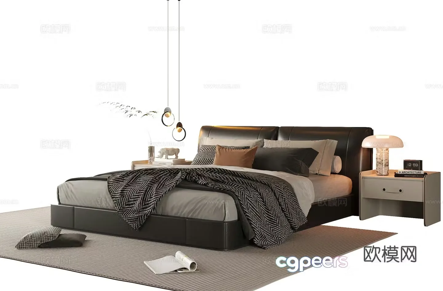 Modern double bed bedside table bedside chandeliers 3d model