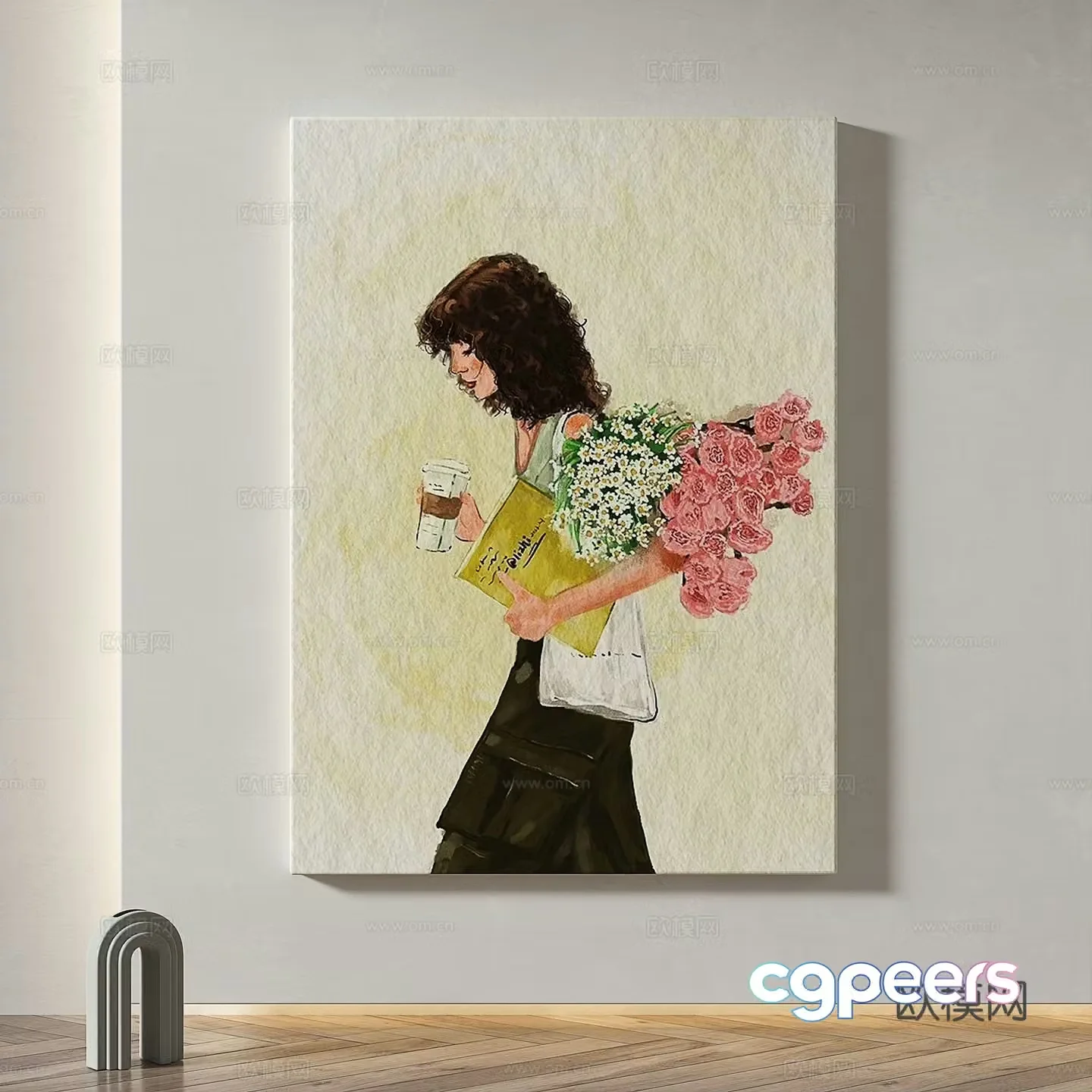 Modern retro simple abstract Nordic light luxury oil painting decorative painting 3d model