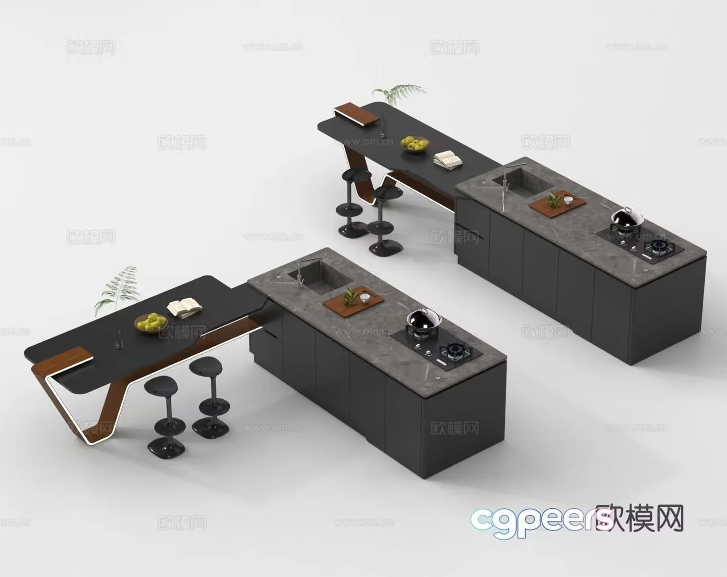 Dining table and chairs island bar 3d model