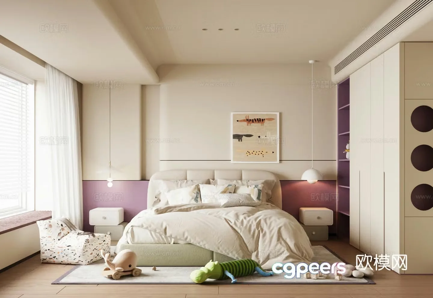 Modern universal children’s room Cream style home bedroom Children’s bed Nordic children’s room Children’s desk 3D model