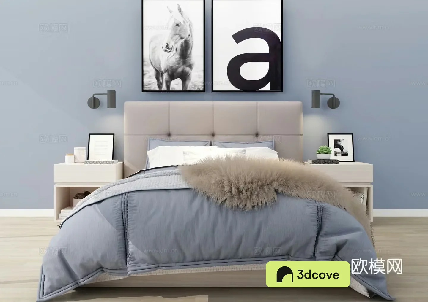 Nordic bedroom Nordic style bed nightstand hanging painting