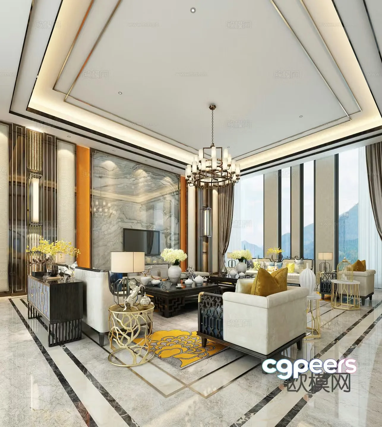 New Chinese style living room modern living room chandelier sofa coffee table 3d model