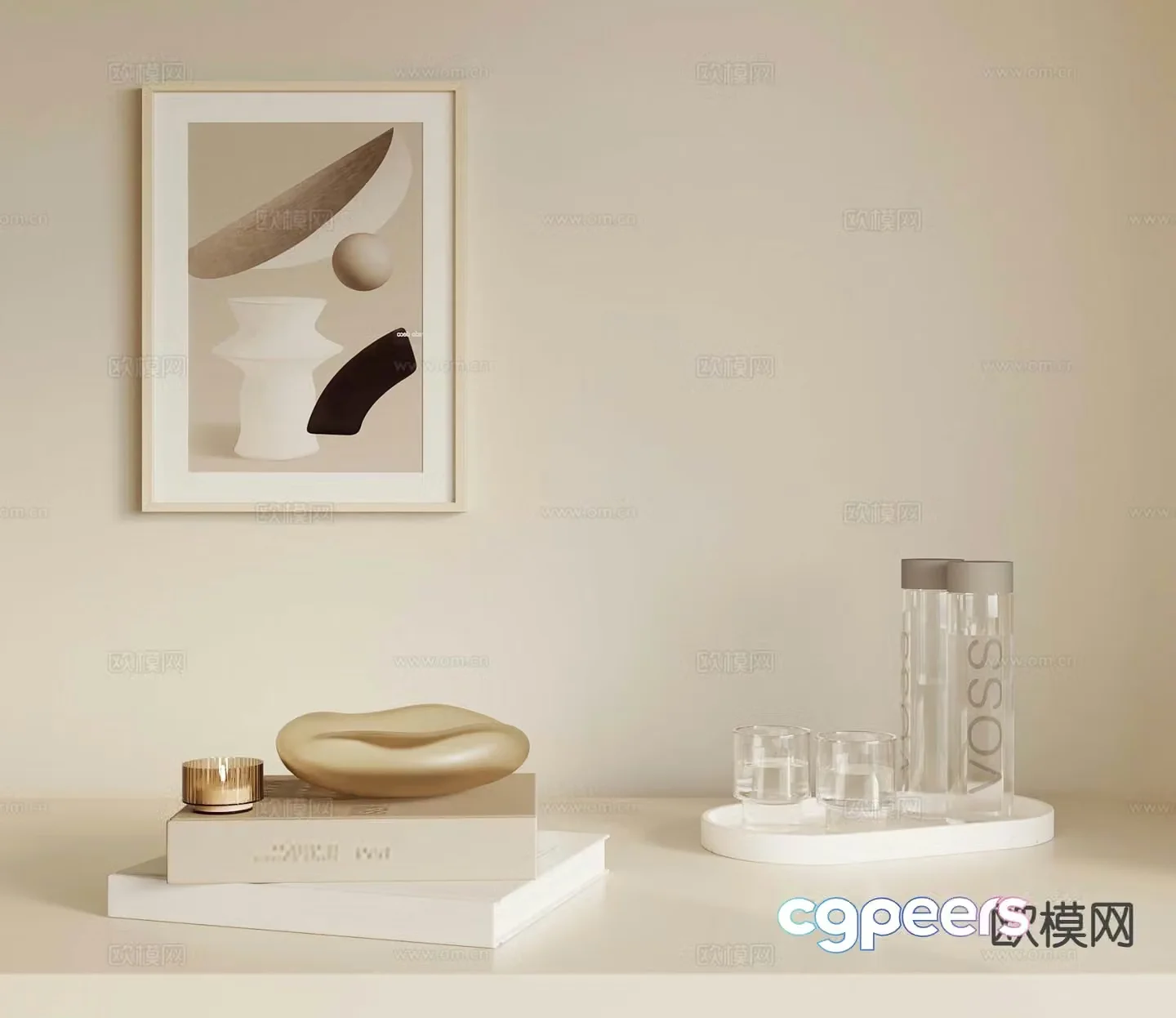 Cream style ornaments books candles water bottle 3d model