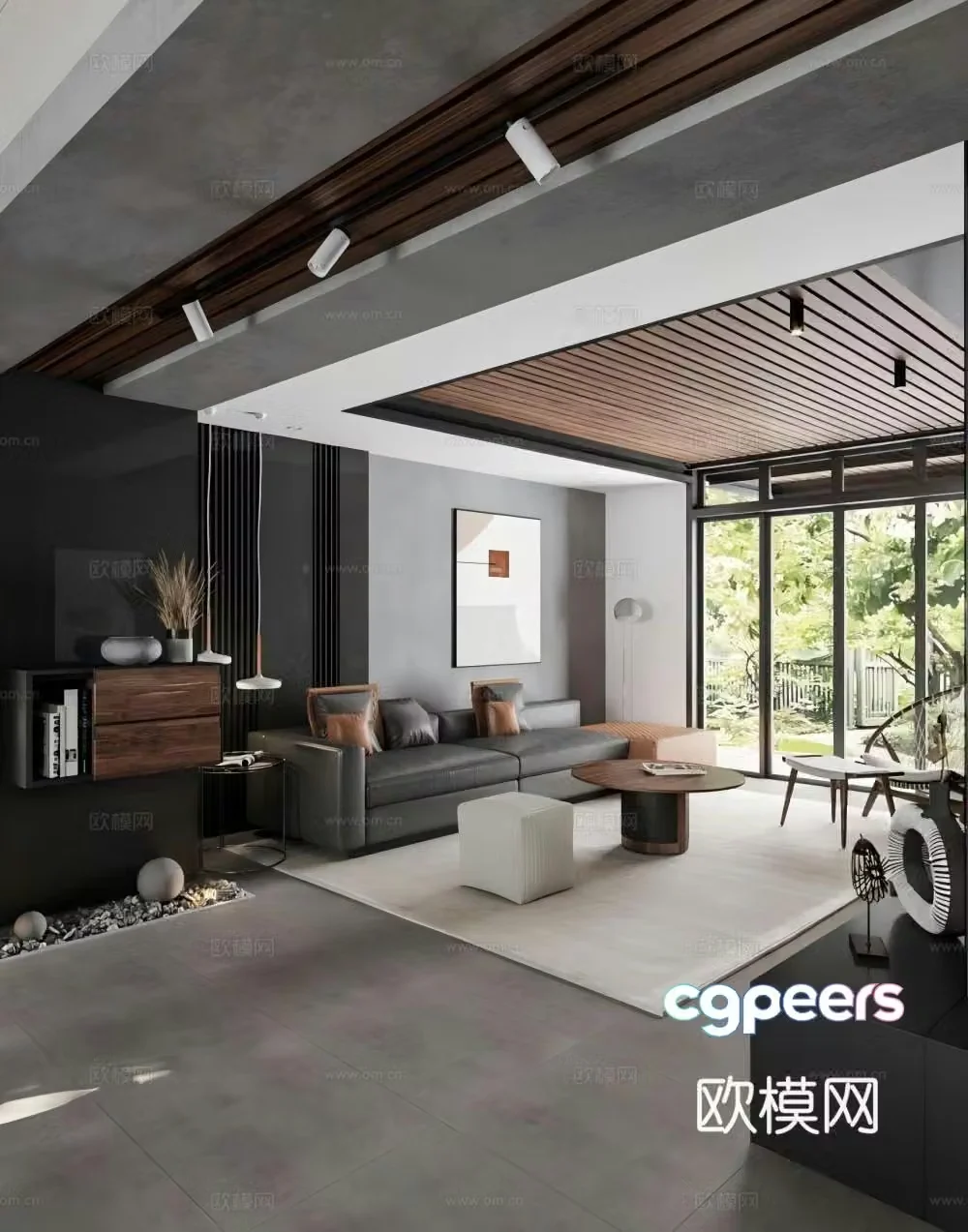 Modern high-end gray living room black and white gray living room open kitchen simple living room 3D model