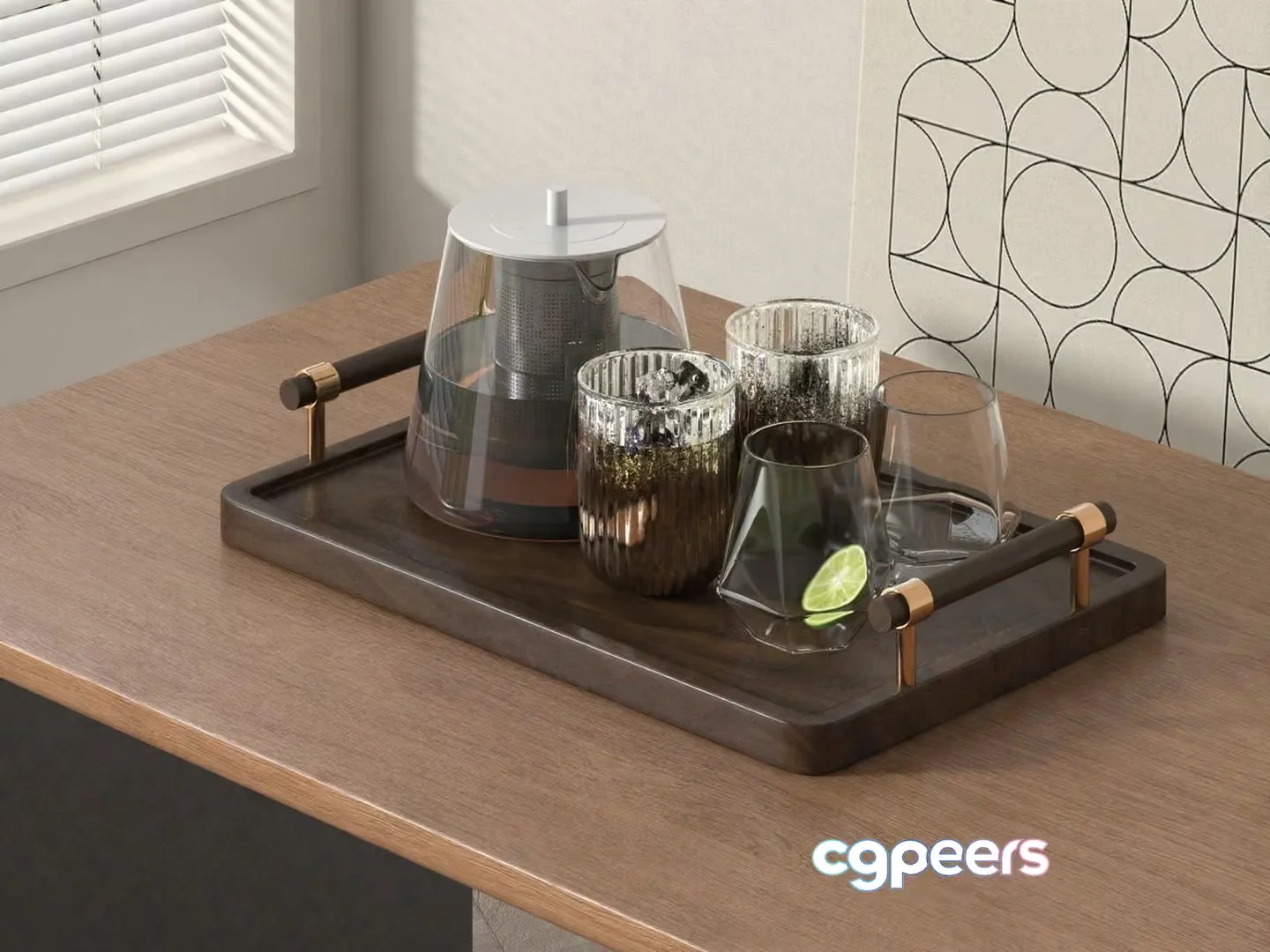 A Tray With Glasses And A Kettle 3D Model – 22081 – VRAY Render