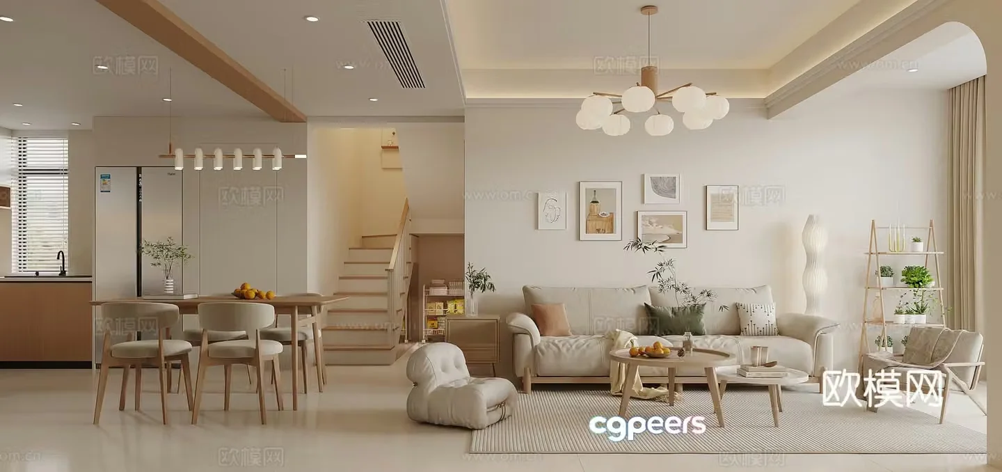 Log Creamy Style Villa Living and Dining 3D Model
