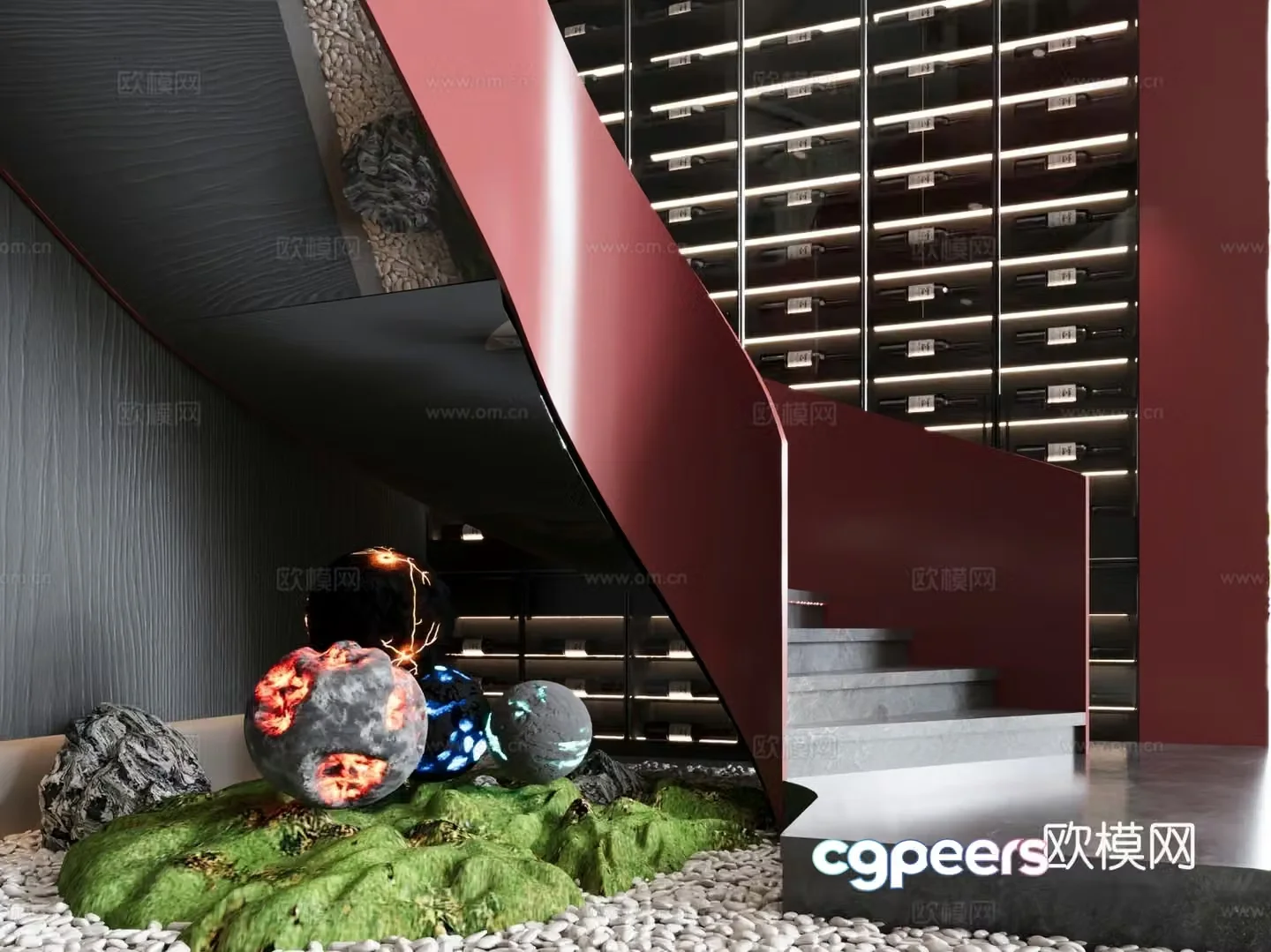 Modern stairwell Industrial style stairwell Wine cabinet Green plant landscaping 3D model