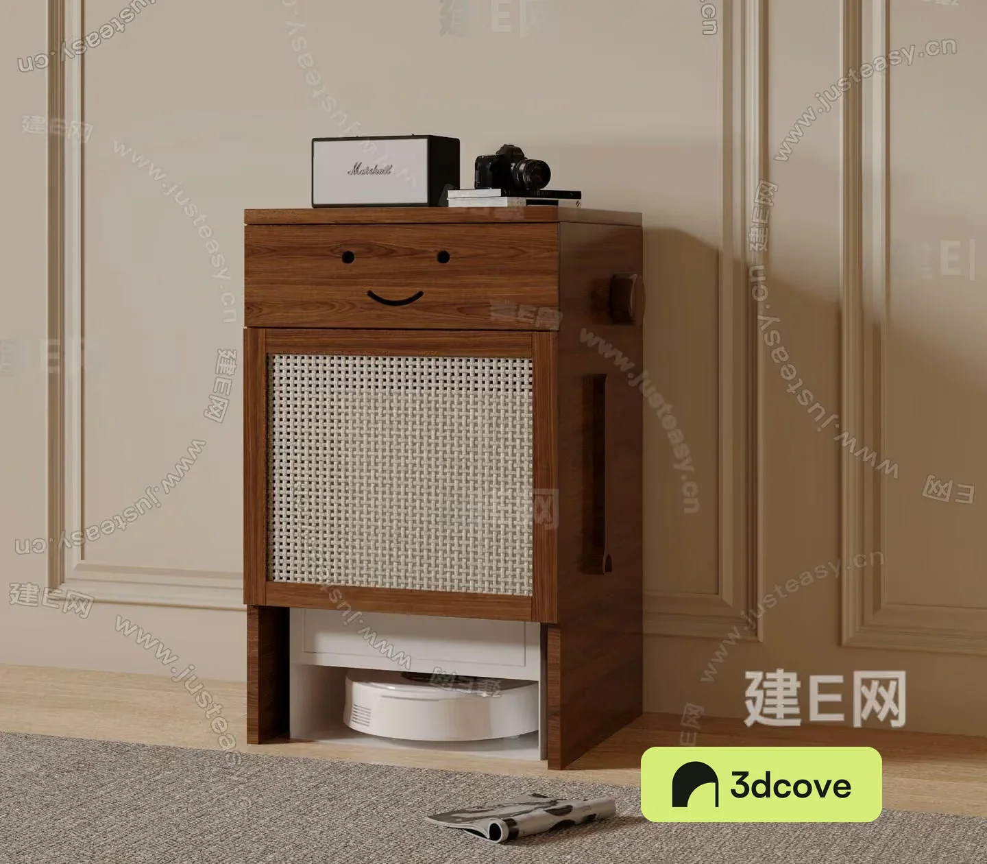 A Wooden Cabinet With A Wicker Door