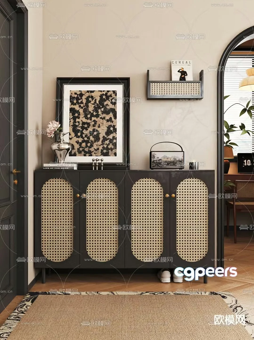 French shoe cabinet rattan shoe cabinet 3d model