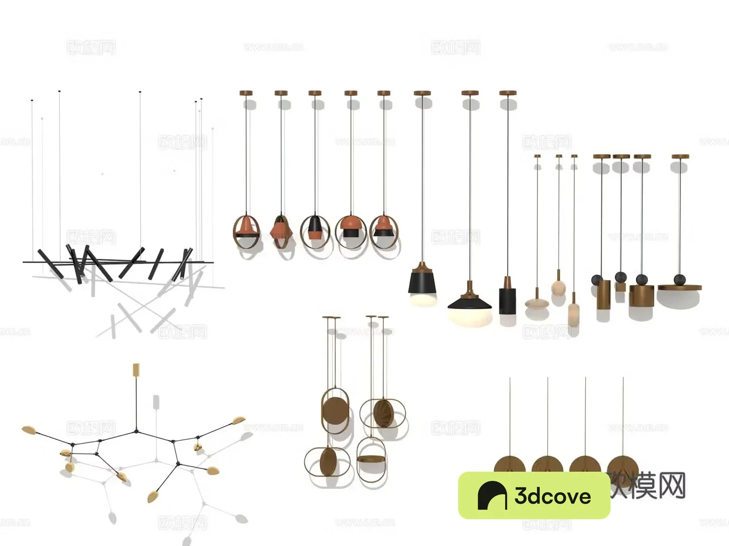 Modern Wasabi Lobby Hotel Living Room Linear Metal Cylinder Special-shaped Chandelier Combination 3D Model