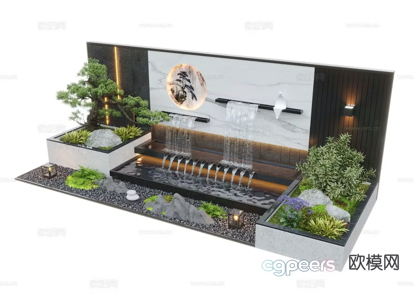 New Chinese style fountain water feature wall falling water wall 3D model