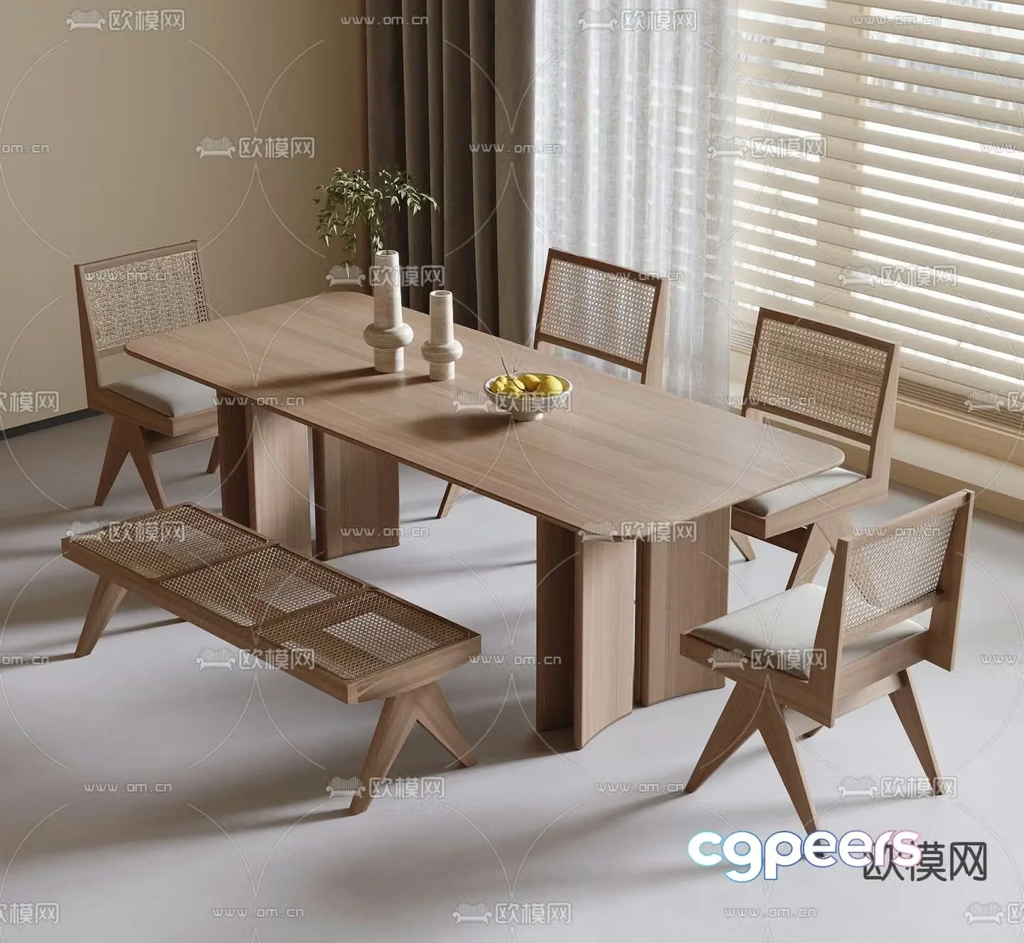 Long dining table and chairs 3d model