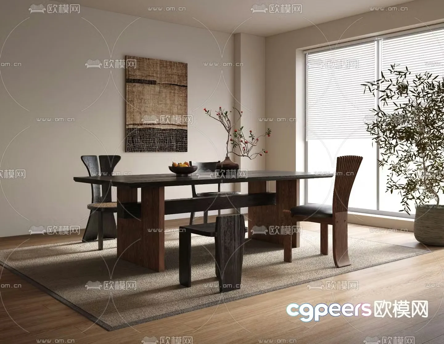Wabi-sabi dining table and chairs strip dining table 3d model