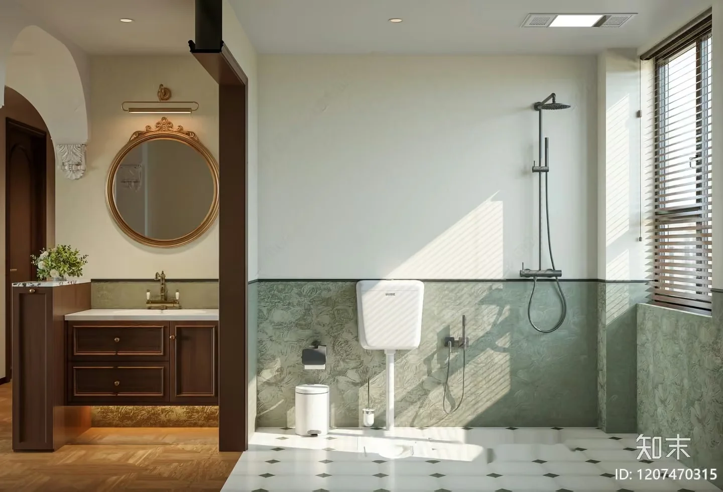 A Bathroom With A White And Green Color Scheme 3D Model – 1727 – CORONA Render