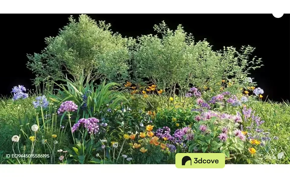 A Garden Scene With Flowers And Bushes