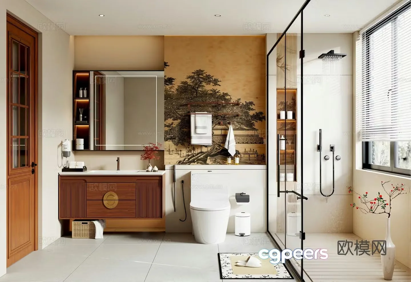 New Chinese Song style bathroom New Chinese style bathroom cabinet Bathroom door Shower Toilet Bathroom 3D model
