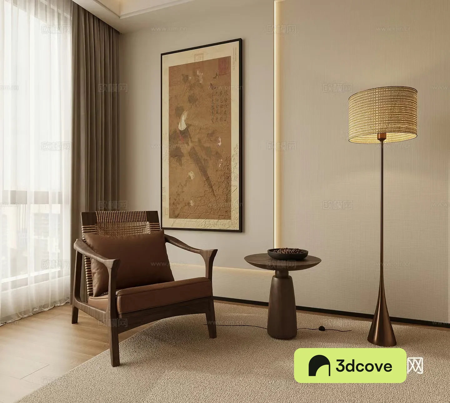 Middle-aged floor lamp leisure chair decorative painting side 3D model