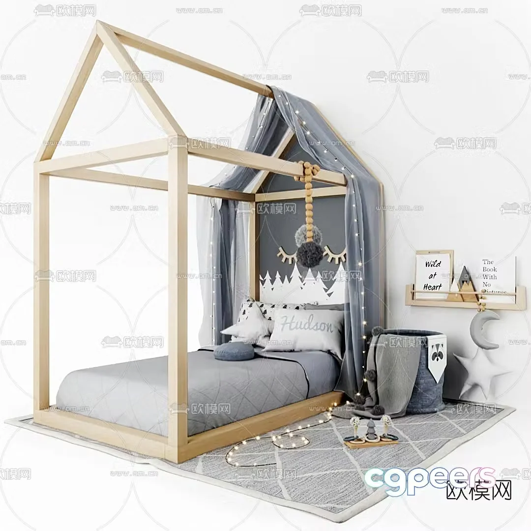 Nordic wooden frame bed children’s bed 3d model
