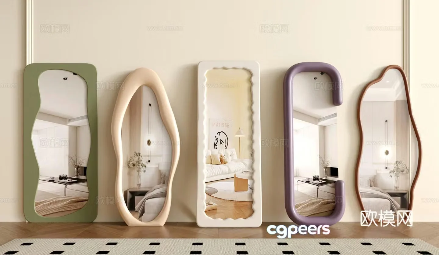 Modern creamy full-body mirror Floor-standing mirror Clothes mirror Fitting mirror Special-shaped mirror 3D model