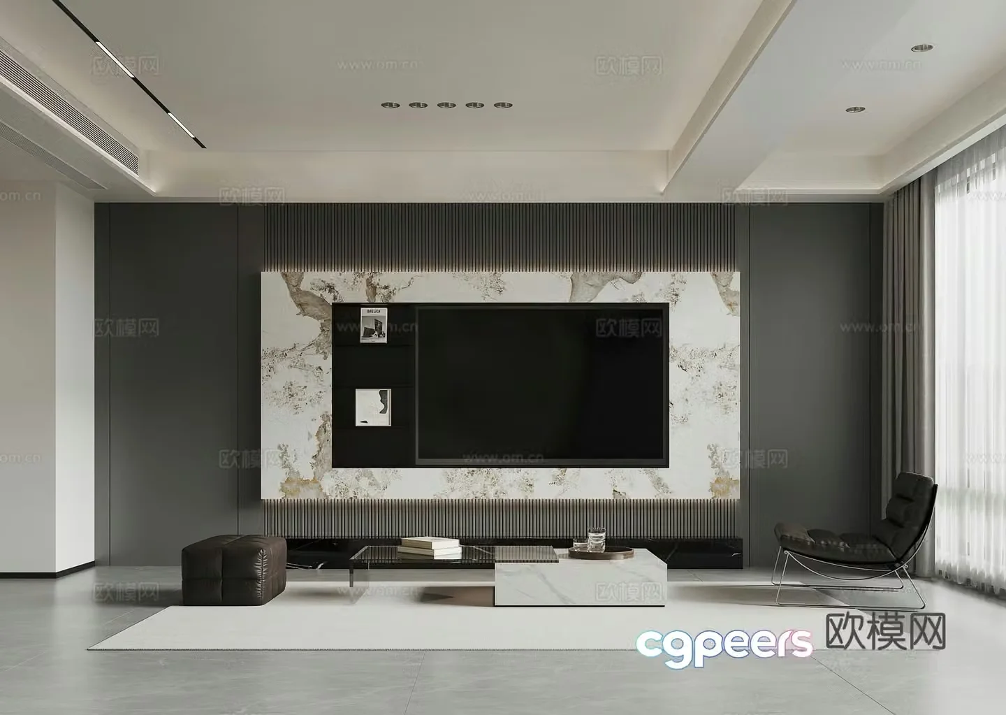 Modern TV background wall modern living room black and white gray leisure chair Italian living room living dining room 3d model