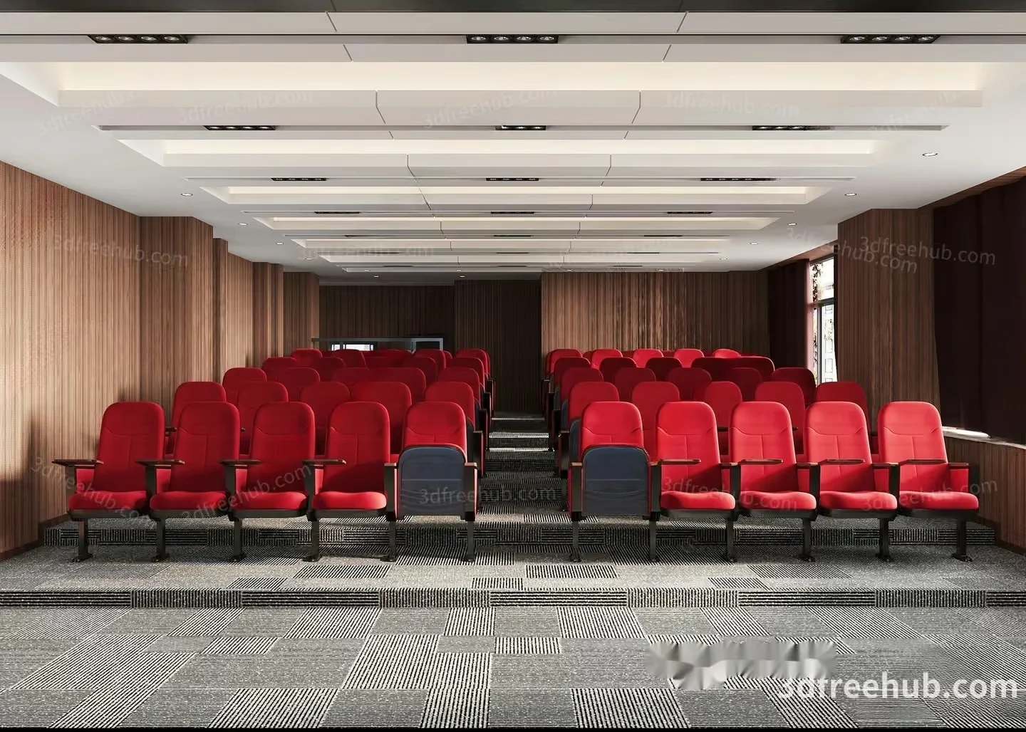 A Large Auditorium With Red Chairs 3D Model – 23510 – VRAY Render