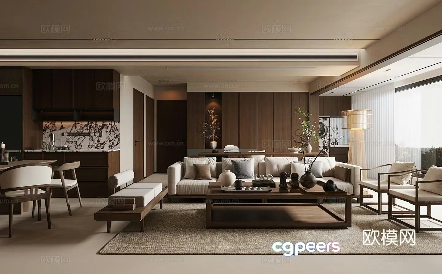 New Chinese-style home living room integrated living room and dining design horizontal living room design large flat floor design 3D model