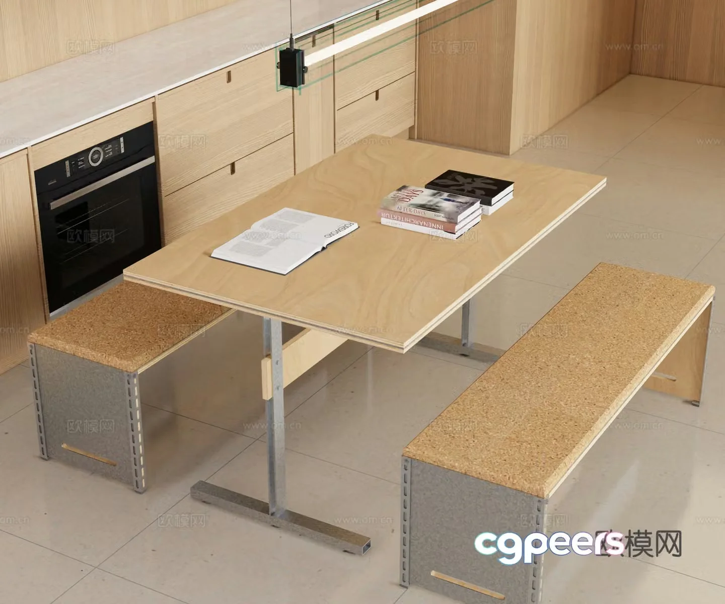 Modern wood grain dining table and chairs long dining table and chairs 3d model