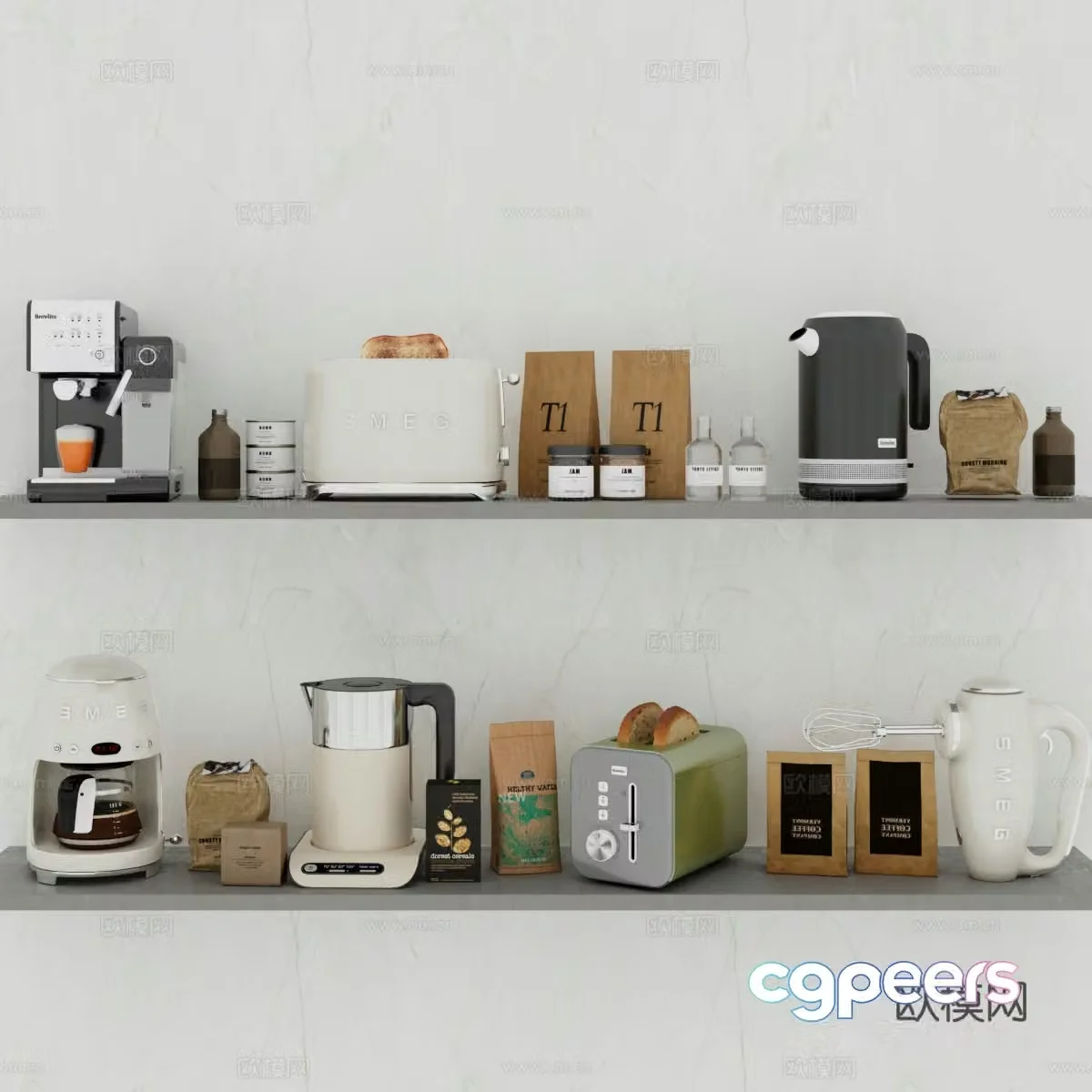 Coffee machine Bread machine Bean grinder Coffee pot Coffee bag 3d model