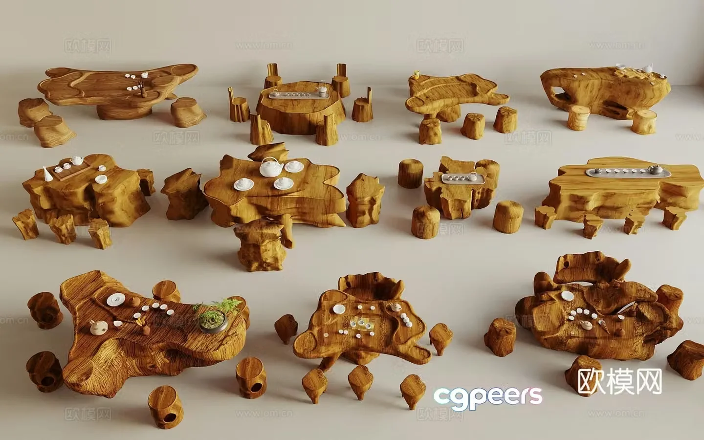 New Chinese Root Carving Tea Table and Chair Wooden Pile Tea Table and Chair Tree Stump Wooden Table and Chair Wooden Stool Log Chair 3D Model