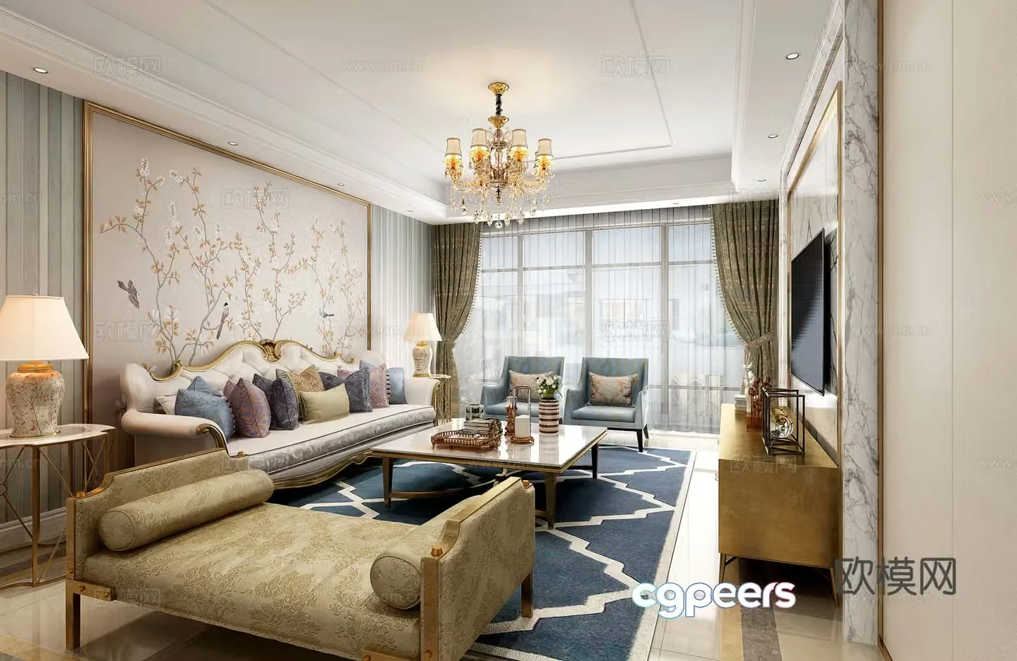 Simple European living room sofa coffee table leisure chair dining table chair desk lamp chandeliers ornaments 3D model
