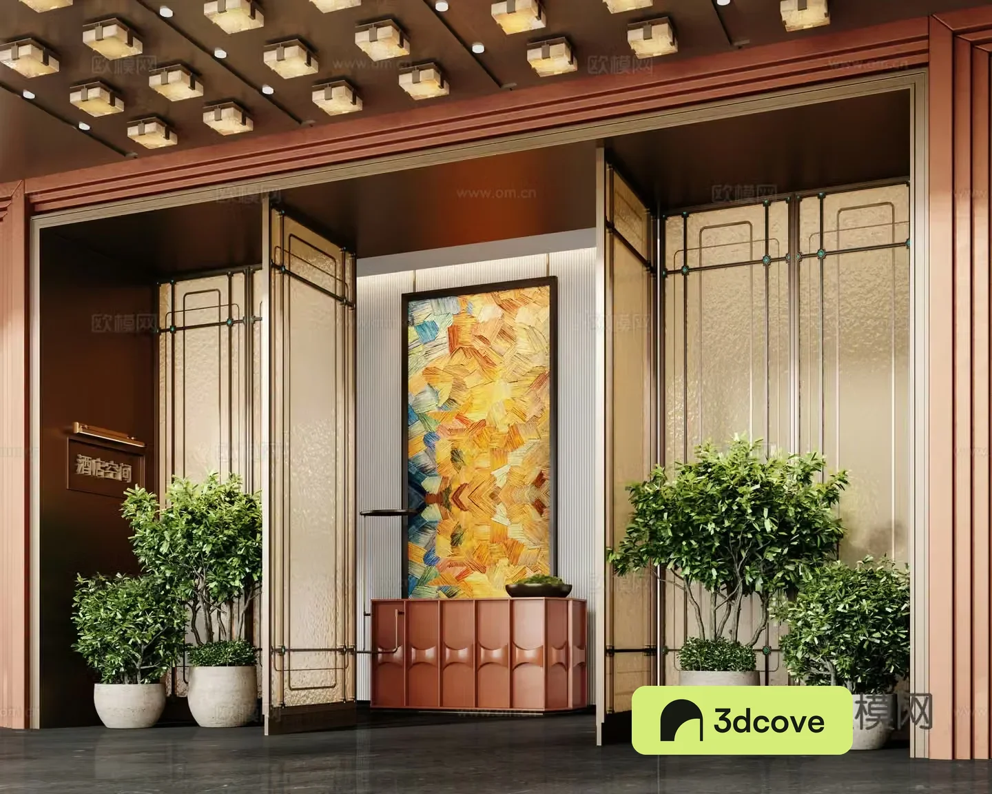 New Chinese-style hotel lobby end view